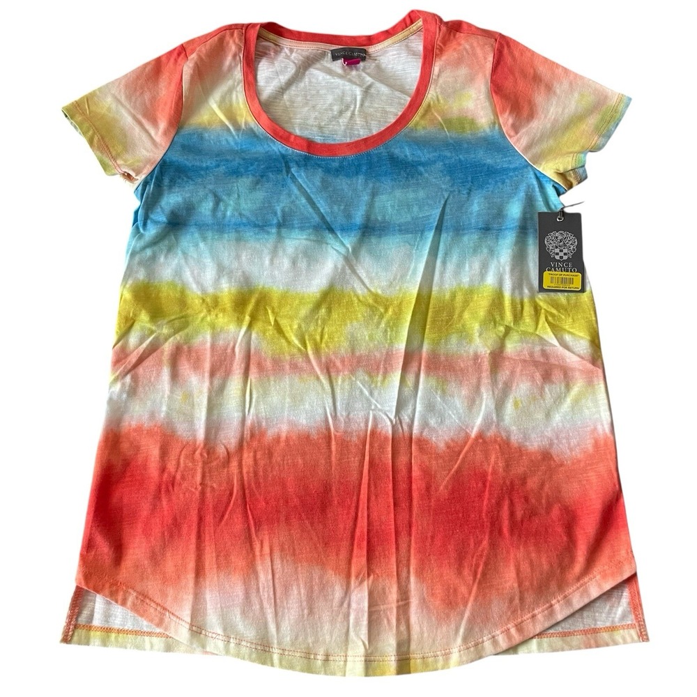 Vince Camuto Size Small Tie Dye Crew T-Shirt Top Orange Blue White Beachy Cruise